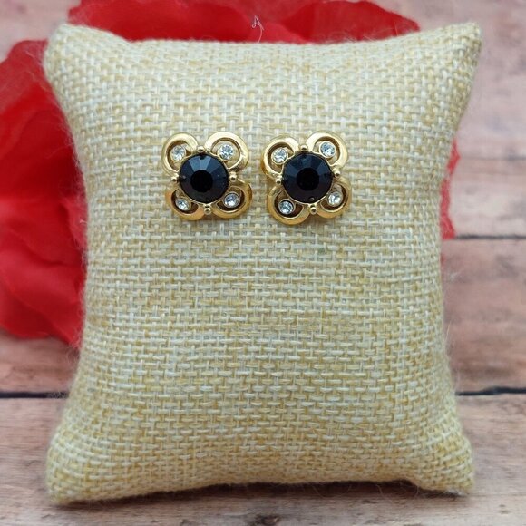 1928 Collection Gold Tone & Black Stud Earrings Small .5" Flower Crystal Accents - Picture 2 of 9